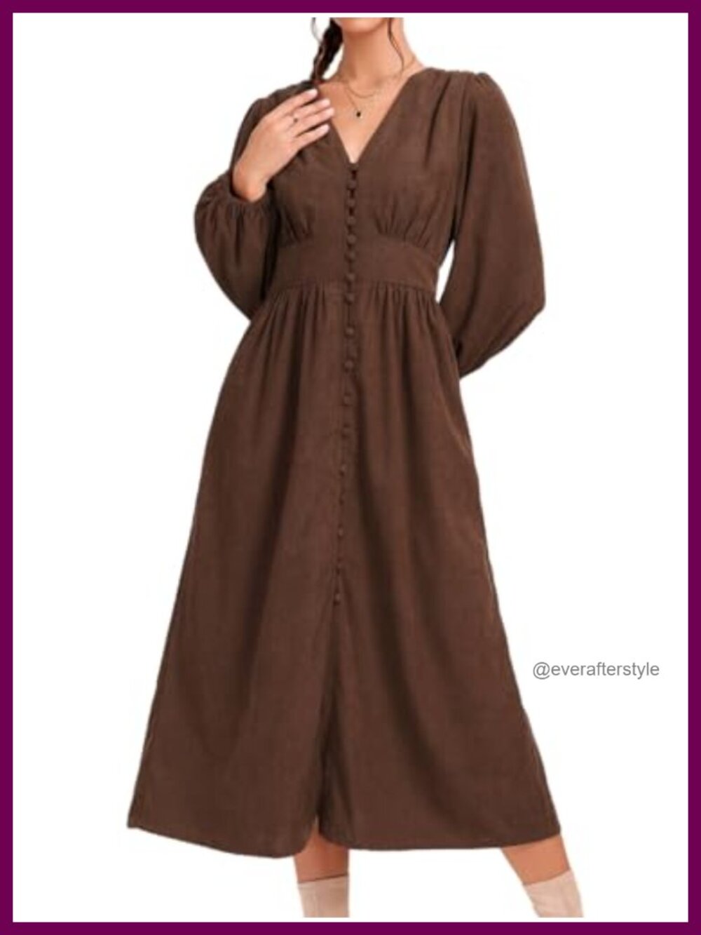 Corduroy Midi Dress Button Up A-Line Puff Sleeve Long Sleeve Casual Fall Winter